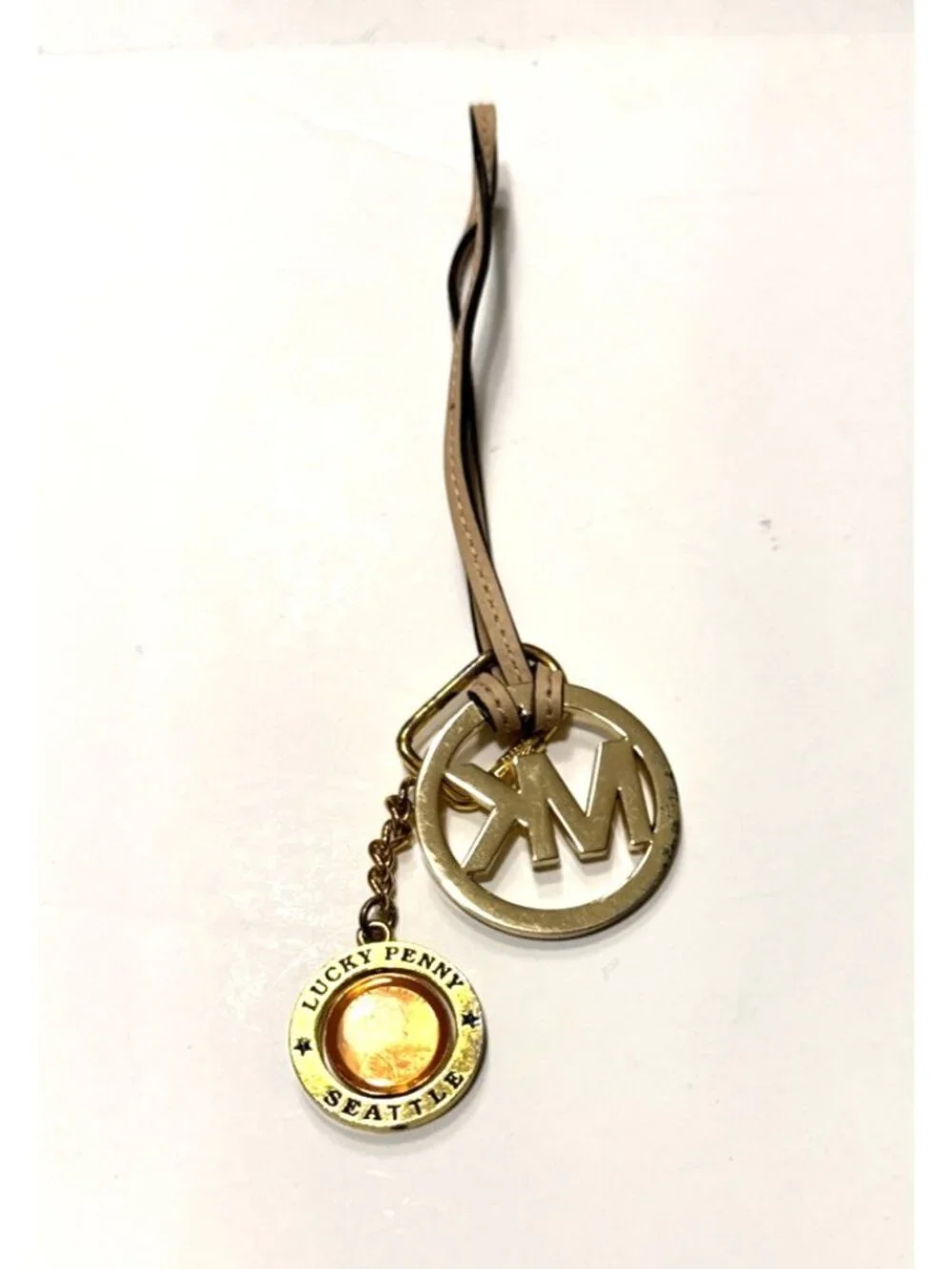 Michael Kors MK Monogram with Penny Logo Bag Charm Key Fob Gold with Tan Leather